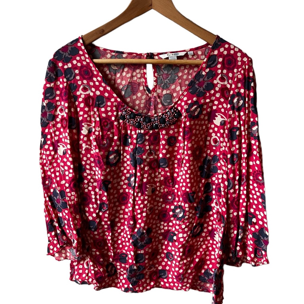 Boden 3/4 Sleeve Jewel Beaded Neck Blouse, Size: 10